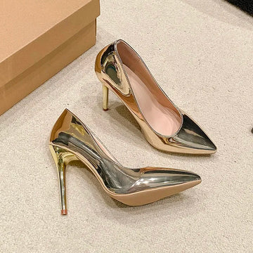 Xajzpa New Style Women's Soft Leather Sliver Gold High Heels Shoes Fashion Women Pumps Pointed Toe Slip-on Office Woman Wedding Shoes